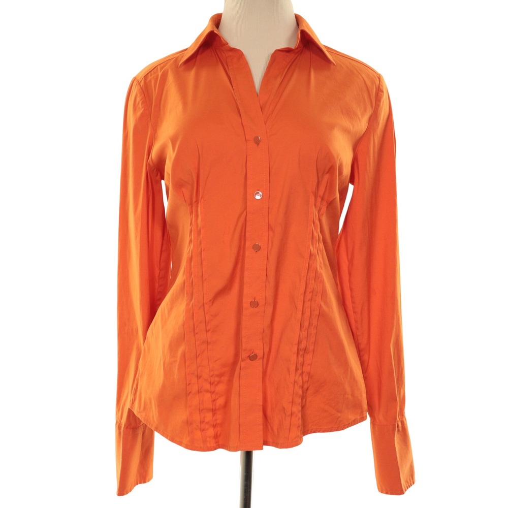 Ann Taylor Button Up Shirt Women 6 Pleated Pintuck Tailored Orange Cotton Nylon